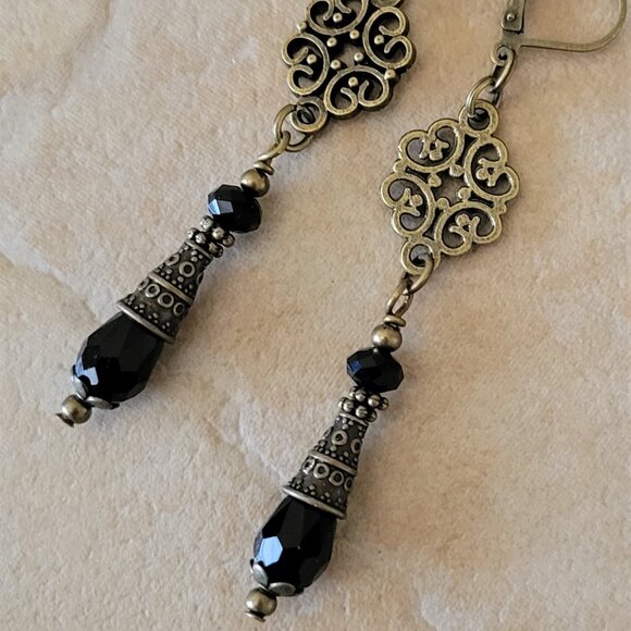 Black Crystal Teardrop Earrings, Etched Bronze Tone Cone Lever Back Ear wires - Picture 5 of 5